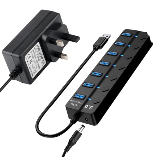Powered USB Hub 3.0 7-Port Multi USB Hubs with 5V 3A Power Supply Adapter USB Extension Splitter with Individual On/Off Switches and LED Lights 5V Cable for Windows MacBook PC Laptop