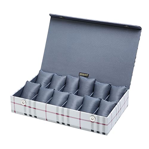 essart Premium 12 Grid Watch Display Case/Jewellery Collection Storage Organiser with Magnetic Closure – White Check