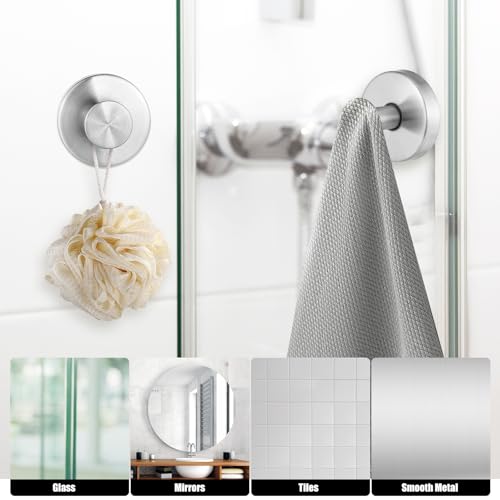 Image of Suction Cup Hooks, 2 Pack Silver Stainless Steel Suction Hooks for Shower | No-Drill, Reusable Removable, Towel Hook Holders for Bathroom Kitchen, For Smooth Surfaces Like Tile, Glass, Mirror