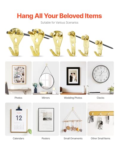 Image of VEVOR 130 Pieces Picture Hanging Kit, 10lb, 20lb, 30lb, 50lb, 75lb and 100lb Picture Hangers, Metal Pictures Hanging Hooks with Nails for Mirror, Painting, Photo Frame on Drywall & Wooden Wall, Gold