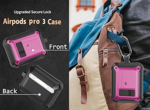Image of Olytop for Airpods Pro 3 Case with Magnetic Automatic Lock, Rugged Apple Airpod Pro 3rd Generation Cover 2025, Armor Shockproof iPod Pro3 Gen Protective Shell with Carabiner&Cleaner kit, Black /Magenta
