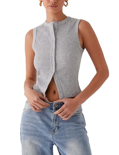 Image of Bozanly Womens Button Down Ribbed Tank Top Summer Sexy Sleeveless Slim Fit Y2k Crop Going Out Tops(0947-Gray1-S)