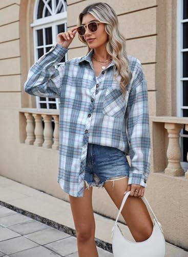 Image of Lacozy Womens Buffalo Plaid Flannel Shirt Long Sleeve Collar Button Down Blouses Tops
