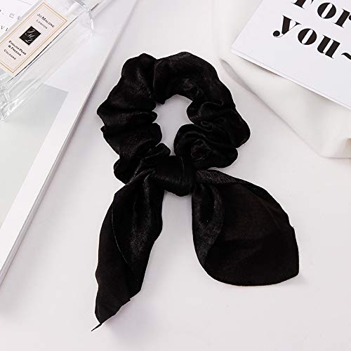 Bow Scrunchies For Long Hair - 8 Pcs Chiffon Satin Scrunchies Silk With Bow Scarf, Solid Stripe Flower Color Bow Scrunchies, Ponytail Holder With Tail, Rabbit Bunny Ear Bowknot Hair Accessories (A2) - Thumbnail 2