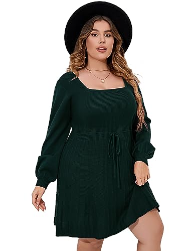 Image of Women's Plus Size Casual Sweater Dress Square Neck Long Lantern Sleeve Tie Waist Loose Pullover Sweater Dresses