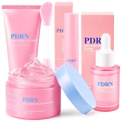 PDRN colágeno set regalo mujer,colágeno facial cuidado regalo belleza mujer | Collagen skincare gift set women con colágeno que incluye limpiador facial, sérum, mascarilla de noche y contorno de ojos