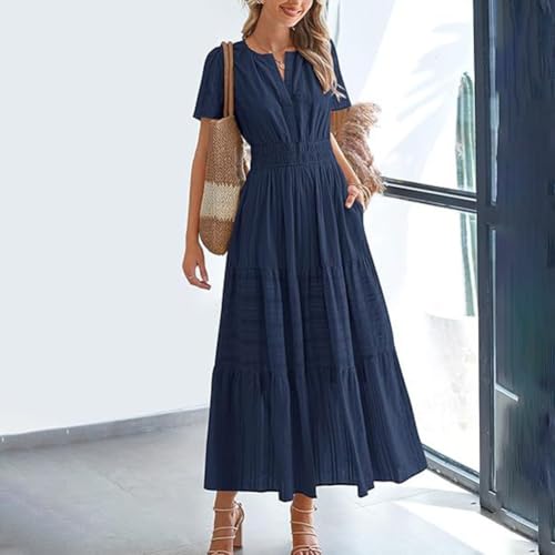 Drivstraw Vestido plisado con cuello en V y manga burbuja para mujer, diseñado para vacaciones de verano, yoga y ciclismo al aire libre (azul marino)