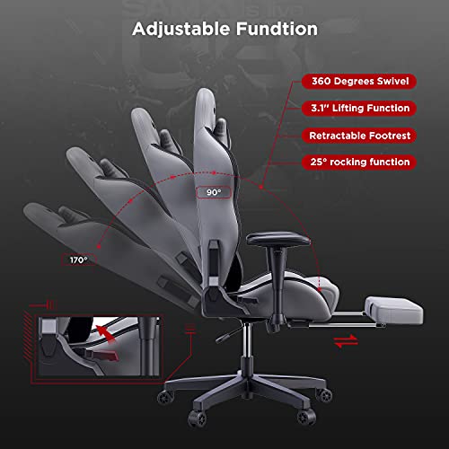 AutoFull-Silla-Gaming-Silla-Gamer-Ergonomica-Silla-de-Oficina-Cuero-de-PU-Silla-de-EscritorioAltura-e-inclinacion-AjustablesReposacabezas-y-Soporte-LumbarReposapiesGris