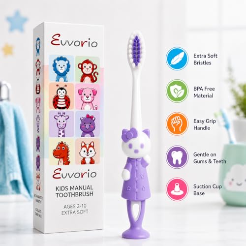 Image of Evvorio Toothbrush for Kids with Ultra Soft Bristles for Oral Cleaning, Suitable For 2-12 Years Toddlers, Cat Design, Purple, Pack of 1
