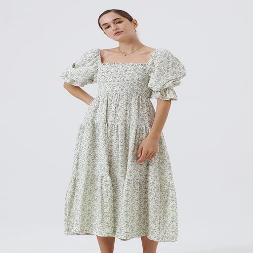 Image of NOTHING FITS BUT Kiko Maternity Gown, Puffed Short Sleeve Maternity Dress for Women, Off Shoulder Pregnancy Dresses, Cotton Baby Shower Dress (Blue Poppy, Large)