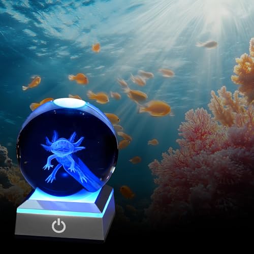 Image of 3D Axolotl Crystal Night Light with Multicolor LED Base Glass Laser Engraved Axolotl Figurines Gifts for Boys Girls Lovers Birthday Christmas Room Decor