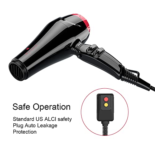 Professional 1875W Negative Ionic Hair Dryer - Lightweight Salon Blow Dryer with Pro AC Motor, Concentrator Nozzle, 2 Speed & 3 Heat Settings, Black