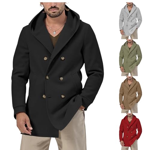 Men's Wool Blend Pea Coat Casual Trench Coat Hooded Collar Double Breasted Overcoat Slim Fit Mid Long Jacket for Spring4