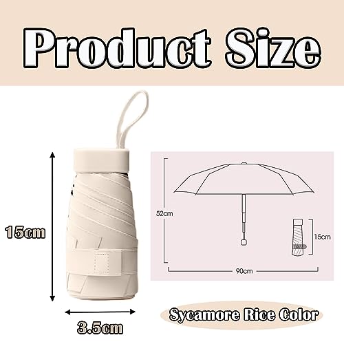 Mini Folding Umbrella with Storage Box - 6 Ribs, Compact, Travel Umbrella - Small, Sycamore Rice Color, UV Protection, Lightweight, Compact for Women & Girls