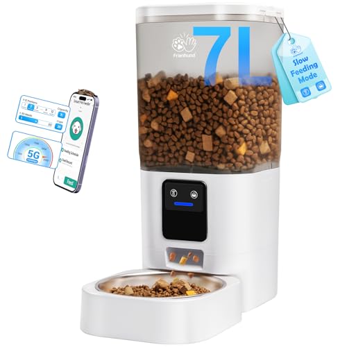 Frienhund Comedero Gato Automatico WiFi: 5G Comedero Perro Automatico con Alimentación Lenta y Control por Aplicación, 7L Dispensador Comida Gatos con Alexa para Múltiples Mascotas, Fácil Limpieza