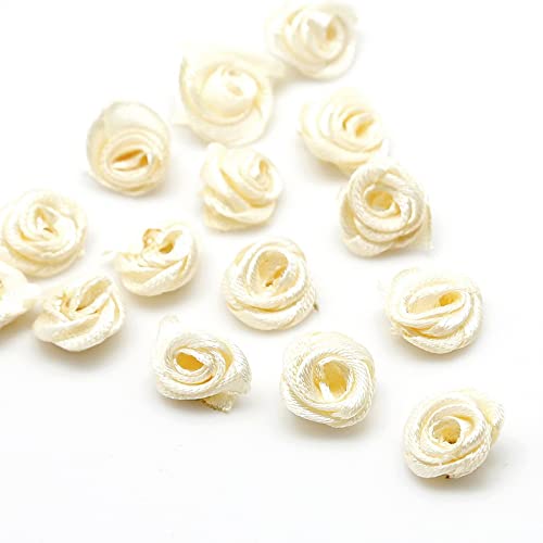 Pack of 100 Roses 3 cm Small Artificial Flowers Rose Heads Satin Roses Sew On Flowers Appliques for Craft Patches Decorative Roses Mini Fabric Roses DIY Accessories Home Wedding Decoration Milk White