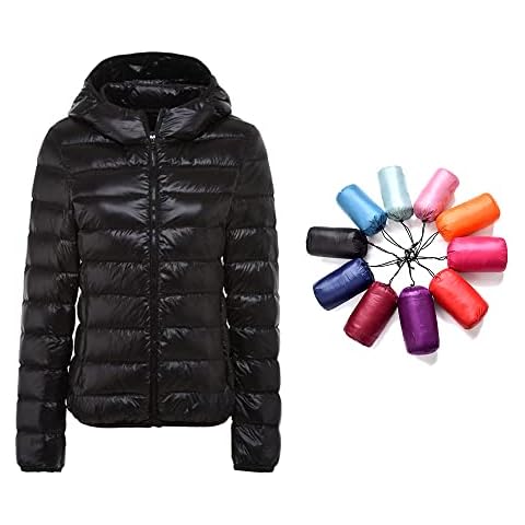 Packable Down Jacket Women Hooded Ultra Lightweight Short Winter Jacket with Carry-on Bag, 1 Black, M Cover