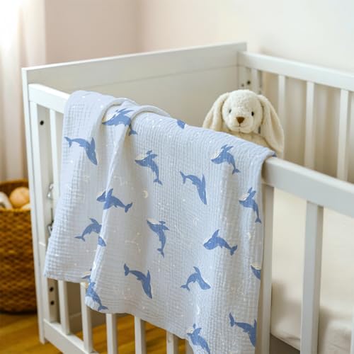 Image of Whale Baby Blankets for Boys Girls, Soft Nursery Minky Blankets with Muslin and Dotted Fleece Back 30x40 inches, Receiving Bed Quilt for Newborn, Infants, Toddlers