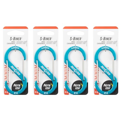 Nite Ize S-Biner Aluminum Dual Carabiner - Durable Dual Carabiner with Wire Gate Closure - Carabiner for Organizing Keys & Gear Attachments - Size 4, Blue (4 Pack)