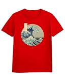 Panorama Camiseta de Manga Corta - Ola Japonesa Hokusai - Talla L Color Rojo - 100% Algodón - Regalos Originales Artísticos - Camisetas Modernas - Ropa Unisex para Hombre y Mujer - Arte Japonés