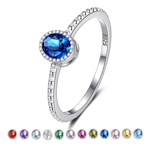Birthstone Stackable Rings for Women: S925 Sterling Silver Stacking Ring Knuckle Ring with Oval Stone for Mom Wife Friends - Christmas Anniversary Birthday Jewelry Gifts