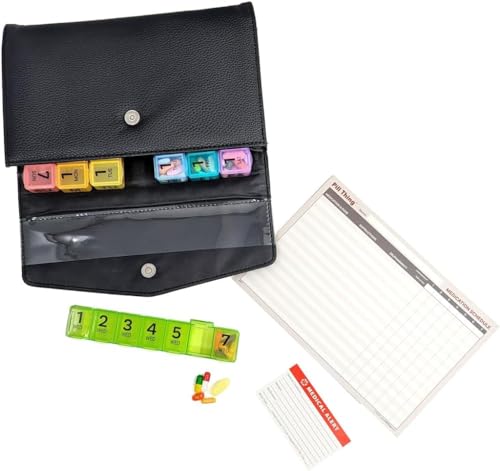 Image of Weekly Pill Organizer Case, 7 Compartments, Pebble Grain Faux Leather, Magnetic Snap, Medication Schedule Card (7X a Day Weekly with Wallet)