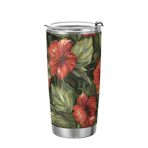 Amooorous Taza de acero inoxidable vintage de flores rojas y verdes de 20 onzas con pajilla, resistente a fugas, taza de café abatible para bebidas calientes y frías, vaso estético con tapa y termos