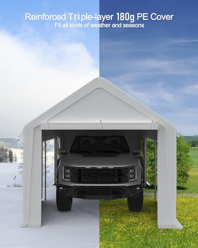 DEXSO Carport 13'x20' Portable Garage, Heavy Duty Carport Canopy, Reinforced Steel Poles, 4 Roll-up Doors & 4 Windows, for Pickup, Boat, and Equipment, White