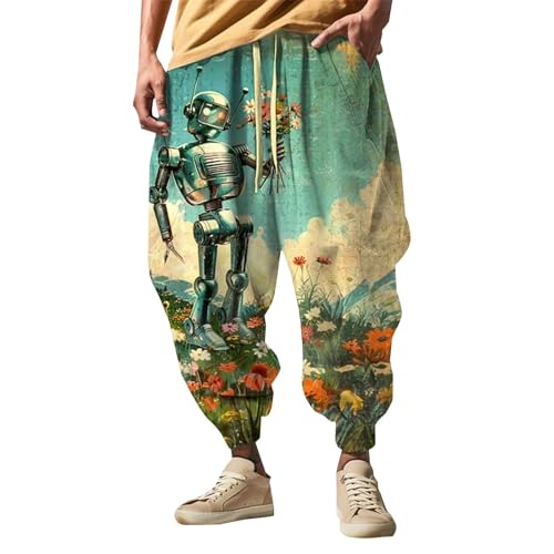 Men's Harem Capri Pants Elastic Waist Drawstring Elastic Waist Cotton Cropped Trousers Drop Crotch Hippie