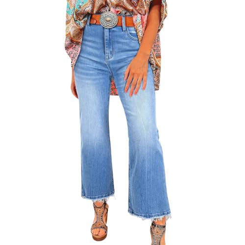 Flare Jeans for Women High Waist Baggy Raw Hem Wide Leg Cropped Jeans Mom Jean Stretch Ankle Denim Pants with Pockets