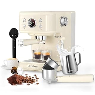 Empstorm Espresso Machine 20 Bar, 2 in 1 Espresso Maker with Milk Frother Steam Wand for Latte and Cappuccino, Powder and Capsule Portafilter, 50oz Removable Water Tank Coffee Machine for Home-White