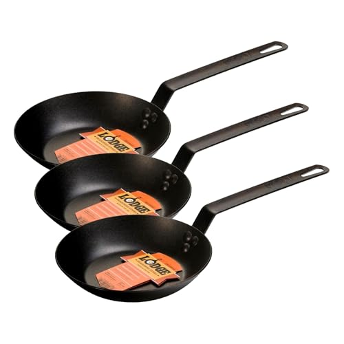 Image of Lodge Seasoned Carbon Steel Skillet - Lightweight High Heat Frying Pan with Long Handle - Quick Temperature Response - Ideal for Searing & Sauteing - 8 Inches (Pack of 3)
