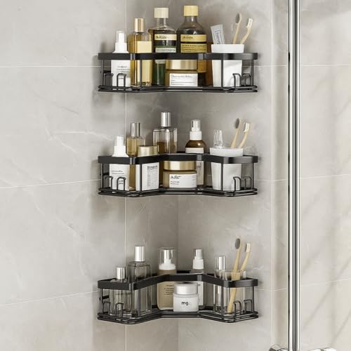 Image of JD FRESH Multipurpose Bathroom Organizer Shelf Rack Corner Without Drill /Self Adhesive Accessories Holder for Kitchen /Wall Mounted Organizer for Bathroom Space Saving Shelf Corner (Black, Pack of 3)