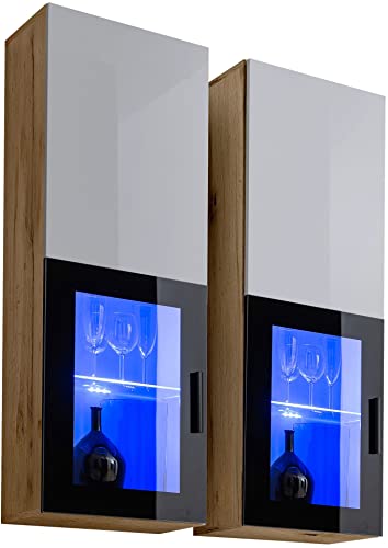 ExtremeFurniture T50 Wandschrank, Karkasse in Wotan Matt/Front in Weiß Hochglanz ohne LEDs Cover