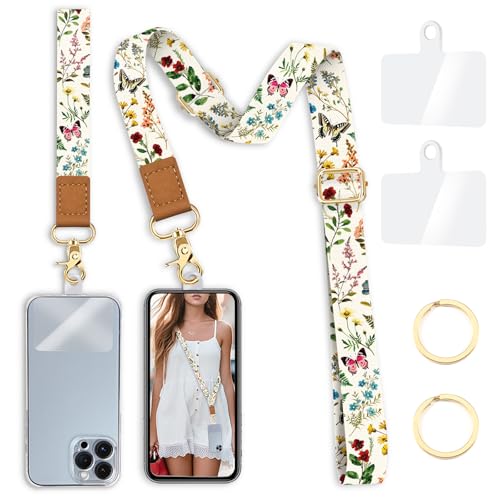 Image of Yonlevres Phone Lanyard Crossbody Strap Wrist Neck Adjustable Women Flowers | Cell Phone Lanyard for Travel and Daily, Hands-free, Fit Keys and ID Badges, Work with Full-coverage Phone Case, 2 Tabs, Gift