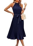 KIRUNDO Women's 2024 Summer Sleeveless Halter Neck Pleated Midi Cocktail Dresses A Line Flowy Beach Sun Dress with Belt(Navy, Medium)