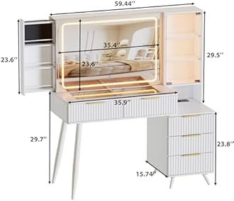 FURNJOYLIFE White Makeup Vanity Desk with Lighted Mirror & Power Outlet,3 Color Modes, Brightness Adjustable,Vanity Table with Drawer,Sliding 2 Storage Wall-Mounted Jewelry