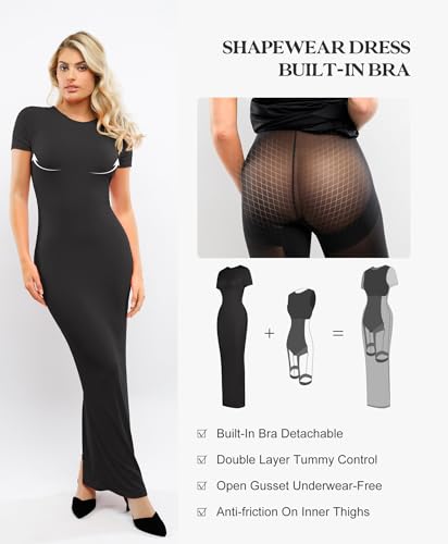 Image of Popilush Shaperwear Dress Built-in Bra Women's Casual Lounge Dress with Zipper Short Sleeve Mock Neck Bodycon Dresses