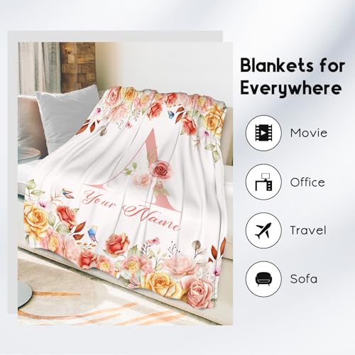 Personalized Blanket with Name, Flower Initial Throws Gift for Girls, Soft Anniversary Birthday Gifts for Her, Cozy Flannel Throw Blankets for Bed Travel, 50x60 Inches