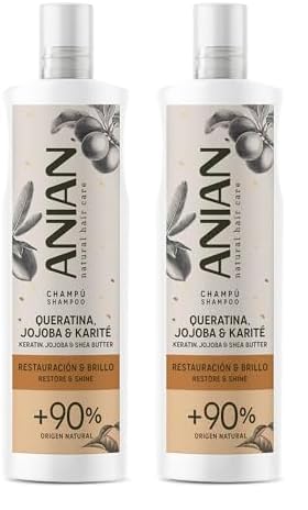 ANIAN - Champú Queratina, Jojoba y Karité, 400 ml, Restauración y Brillo, para Pelo Dañado y Encrespado, Limpia en Profundidad y Restaura el Cabello, Controla el Encrespamiento (Paquete de 2)