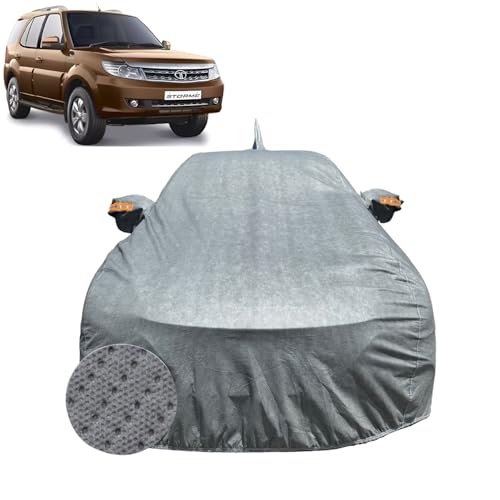 Image of Car Cover for Tata Safari Storme (2012-2020) | 100% Waterproof Cover with Antenna & Reflective Mirror Pockets | Dustproof, Scratchproof, Heatproof Safari Car Cover |Soft Cotton Lining| Grey