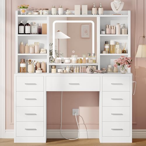 Image of Quimoo Vanity Desk with Mirror, LED Lights and Power Outlet Makeup Vanity Table with 9 Drawers and 7 Storage Shelves Dressing Table for Bedroom Dressing Room (White)