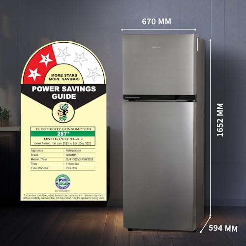 Image of SHARP 265 L Frost Free Double Door 2 Star Refrigerator |Japan 7 Shield Protection|Hi-Tech Inverter | (Silver Hairline, SJ-FF305V2-PSH)