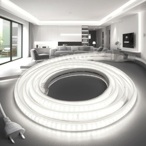BRIMETI LED Streifen 2M 230V Neon Strip IP65 Wasserdicht Aussenbereich Weiß 6000K 145LEDS/M mit Netzteil und Stecker, Flexibel DIY LED Band Lichtband für Außen und Innen Wohnzimmer Küche Deko