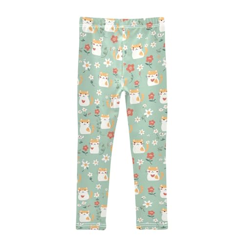 Cartoon Cat Girls' Leggings Toddler Doodles Flower Heart Kids Yoga Pants Dance Active Tights 4T2