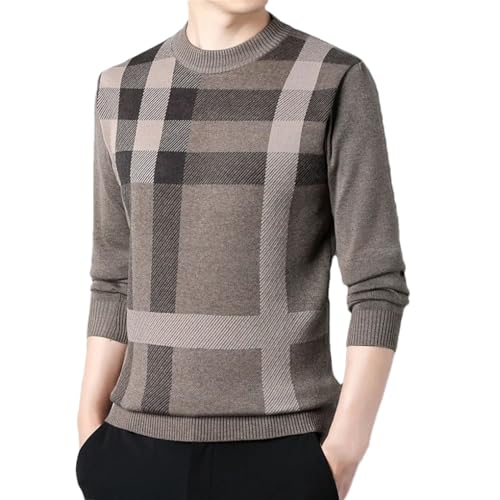 Men's Solid Color Casual Round Neck Slim Fit Plaid Business Long Sleeve Sweater