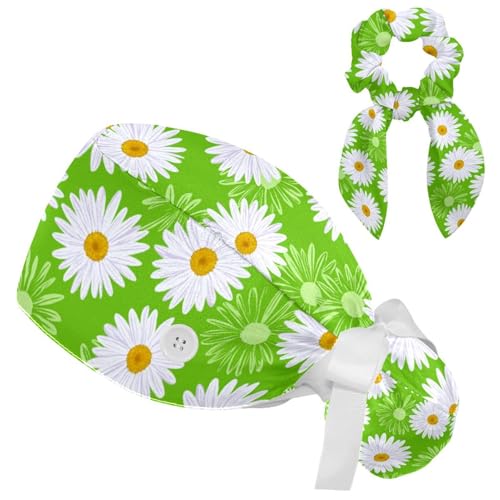 Image of Colored Butterflies Scrub Caps Women, Adjustable Working Cap with Button, Surgical Caps with Bow Hair Scrunchy