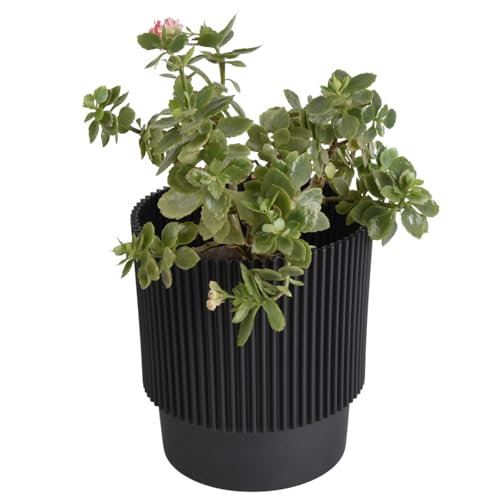B2C Plant Pots Flower Planter 3 Colours 3 sizes Plastic Pot Modern Elegant Textured Modern Home Garden Indoor Outdoor use Convex stripes (Black, W13cm x H16cm)