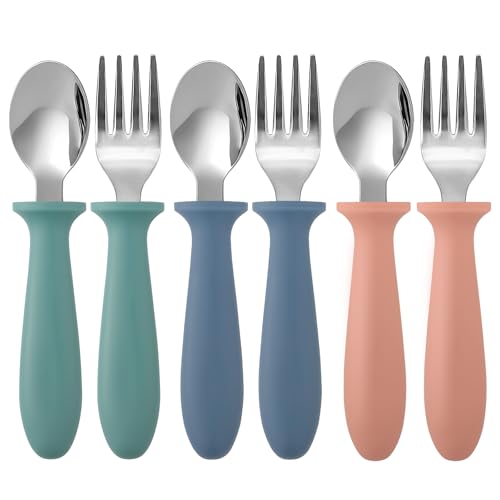 Image of Pimoys 6 Pieces Toddler Utensils, Kids Silverware Set with Plastic Handle Stainless Steel Children Forks and Spoons, Dishwasher Safe