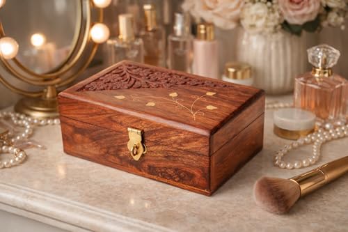 Image of Craft Expertise Wooden Jewelry Box with Brass Engraving Design | Handmade Wooden Jewellery Organizer Box for Rings, Earrings & Necklace Storage | Decorative Box for Women & Gift | 6 x 4 x 2.25 Inches